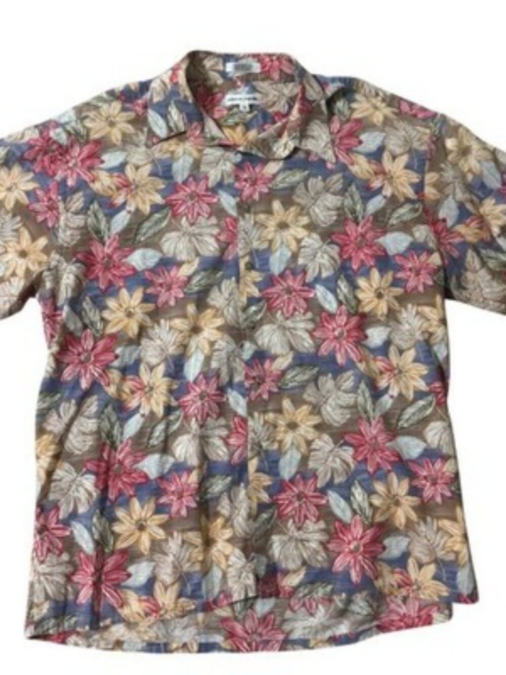Pierre Cardin Mens XL Hawaiian Floral Button Down Shirt Cotton Tropical Brown